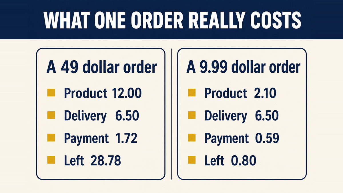 Two orders compared, a 49 dollar order leaving 28.78 and a 9.99 dollar order leaving 80 cents after product, delivery and payment costs