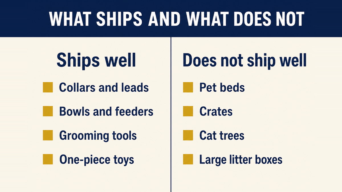 Pet products that ship well as compact parcels compared with bulky pet products that lose money on shipping