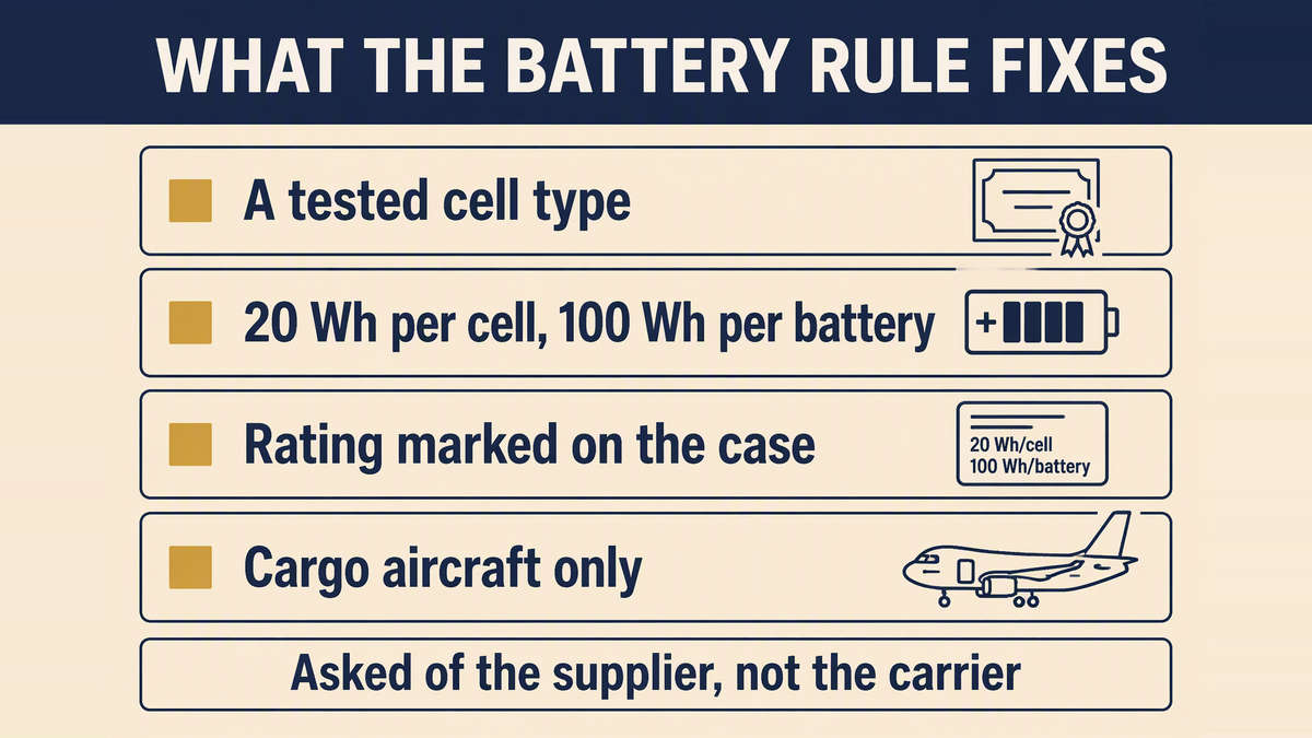The battery facts a seller must check before choosing a product: a tested cell type, a watt-hour rating within the small-cell limit, the rating marked on the case, and a cargo-only aircraft marking