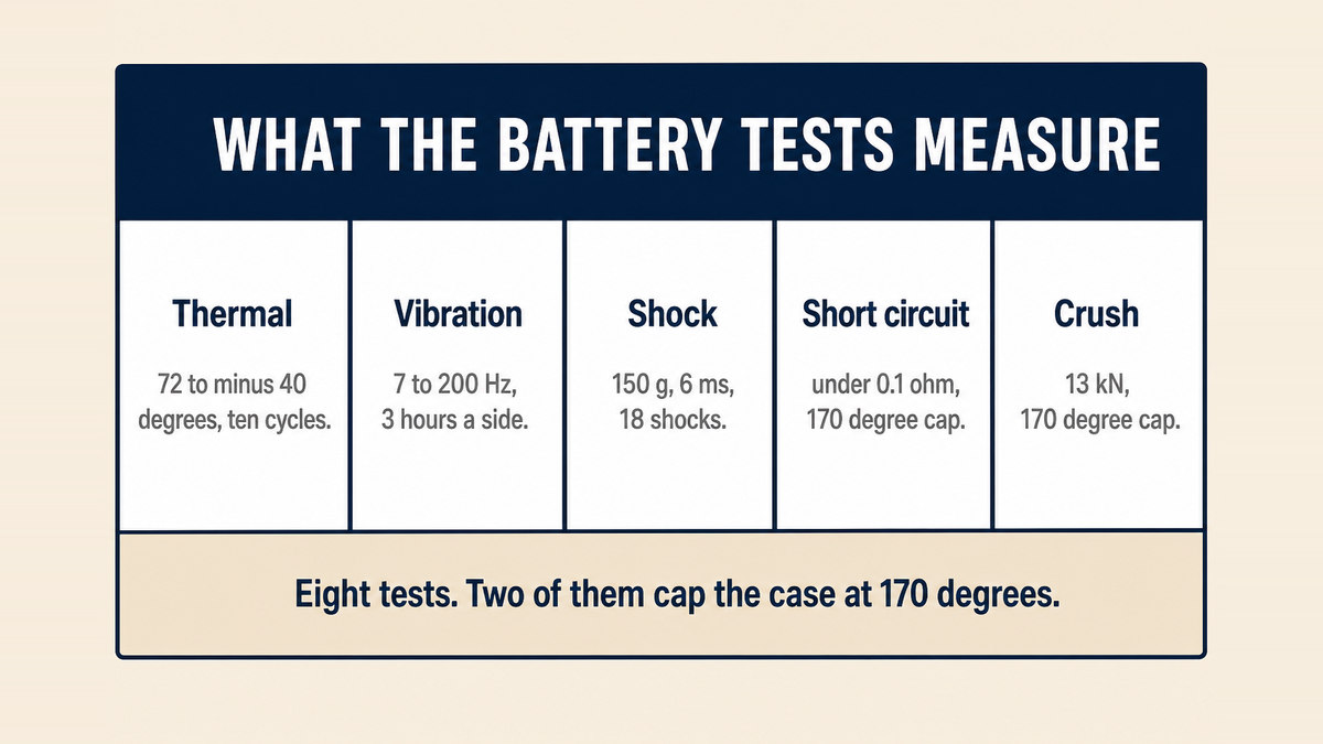 A five column infographic titled What the Battery Tests Measure showing thermal testing from 72 degrees down to minus 40 degrees over ten cycles, vibration from 7 to 200 hertz for three hours per axis, shock at 150 g for 6 milliseconds over 18 shocks, external short circuit under 0.1 ohm with a 170 degree cap, and crush at 13 kilonewtons with a 170 degree cap