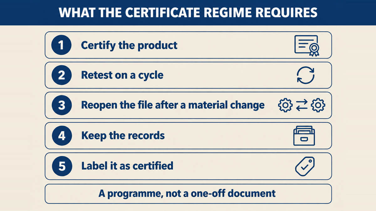 What the certification regime requires of a children's product: a general certification requirement, testing that repeats on a cycle, a rule about material changes, controls on influence, recordkeeping, and labelling