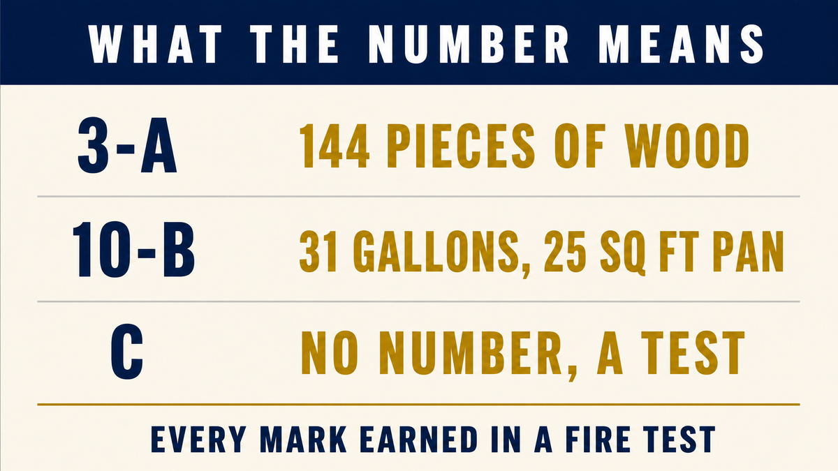 An infographic titled What the Number Means showing that three A equals one hundred forty four pieces of wood, ten B equals thirty one gallons in a twenty five square foot pan, and C has no number only a conductivity test