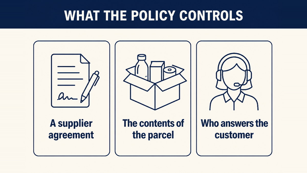 The policy controlling three things: a supplier agreement, the contents of the parcel, and who owns customer service