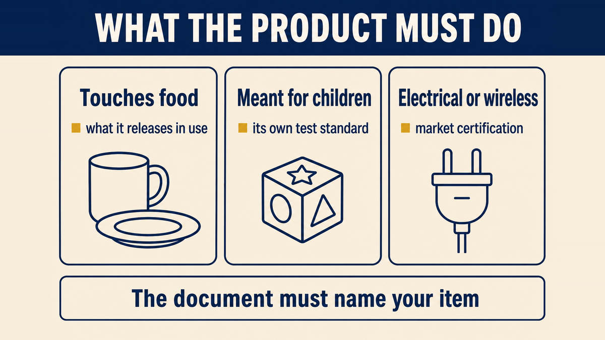 Three groups of products and the tests that must exist before sale: articles that contact food, items intended for children, and electrical or wireless goods