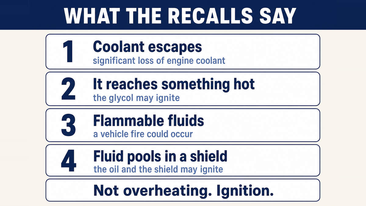 Three recall mechanisms: coolant loss with flammable fluids reaching the exhaust, glycol evaporating and igniting on a hot engine, and fluid pooling in a shield near hot surfaces