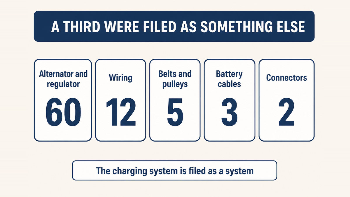 How 98 federal campaigns naming an alternator were filed: sixty as alternator, generator or regulator, twelve as wiring, five as belts and pulleys, three as battery cables and two as wiring connectors
