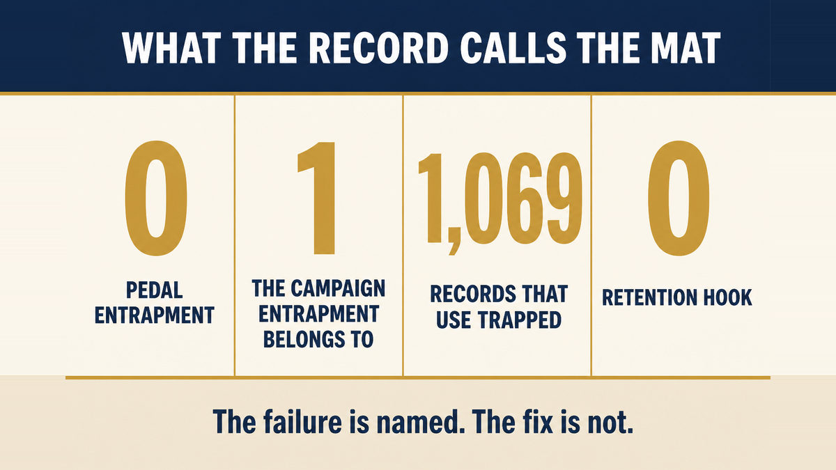 A four column infographic titled What the Record Calls the Mat showing that the phrase pedal entrapment appears zero times, the word entrapment belongs to one campaign, the word trapped covers 1069 records, and the phrase retention hook appears zero times