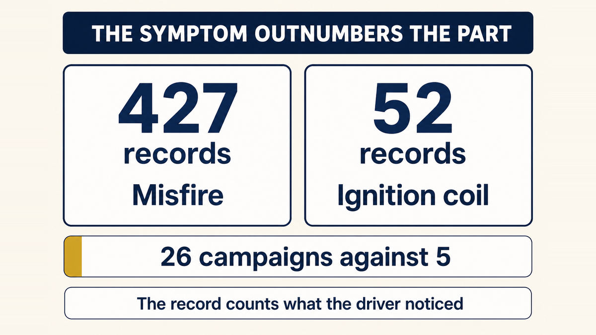 Record counts in the federal recall file showing that the word misfire appears in 427 records across 26 campaigns while ignition coil appears in 52 records across 5 campaigns