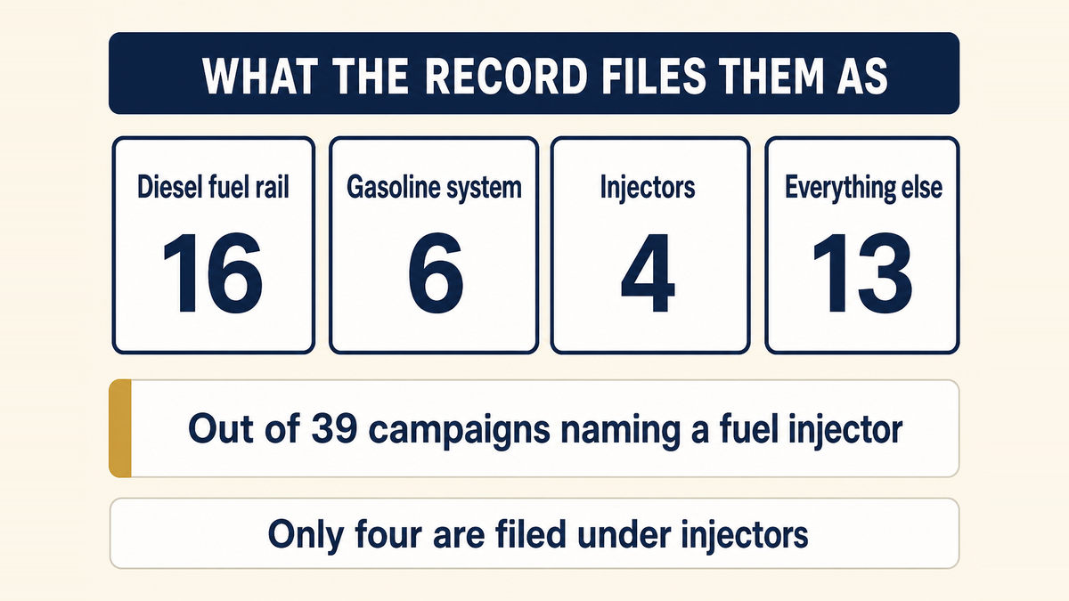 How the 39 federal campaigns naming a fuel injector were filed: sixteen under the diesel fuel rail, six under the gasoline fuel injection system, four under injectors specifically, and the remainder across fuel delivery, electrical wiring and the engine