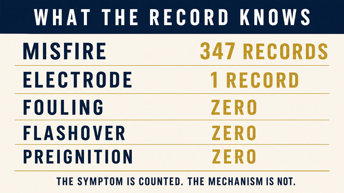 An infographic showing what the recall file records about spark plugs, misfire at three hundred forty seven records, electrode at one record, and zero records for fouling, flashover and preignition