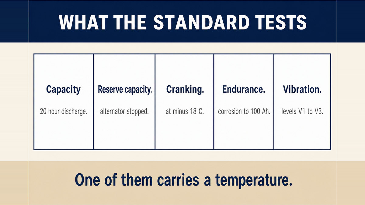 A five column infographic titled What the Standard Tests showing capacity as a 20 hour discharge, reserve capacity as the alternator stopped figure, cranking at minus 18 degrees Celsius, endurance covering corrosion and a cycle test up to one hundred amp hours, and vibration at levels V1 to V3