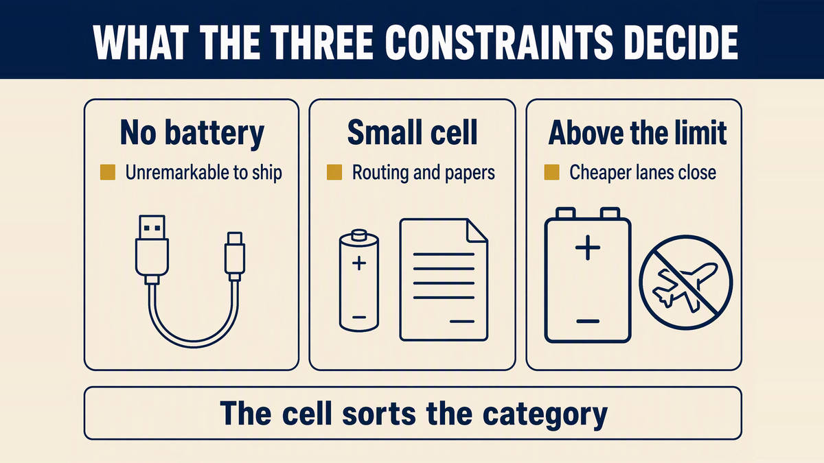 Electronic items sorted into three groups: no battery, a small cell within the limit, and a battery above the limit that narrows the usable shipping routes