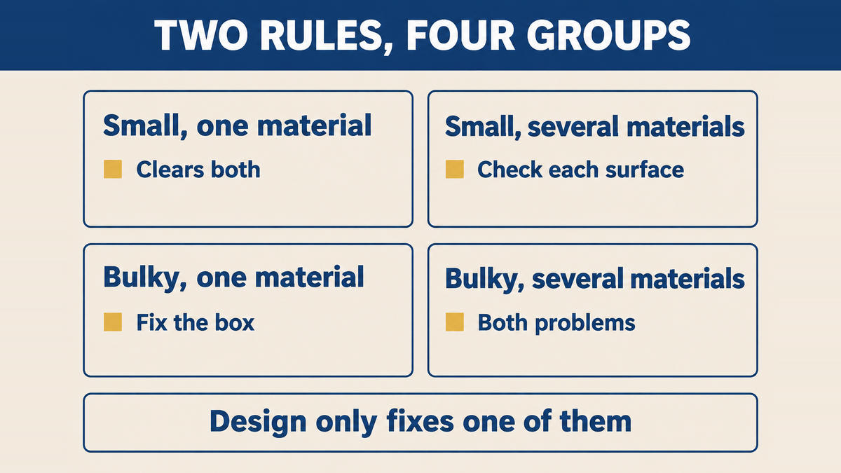 Kitchen items sorted into four groups by whether they pack flat and whether they are made of one material, showing which group clears both rules without effort