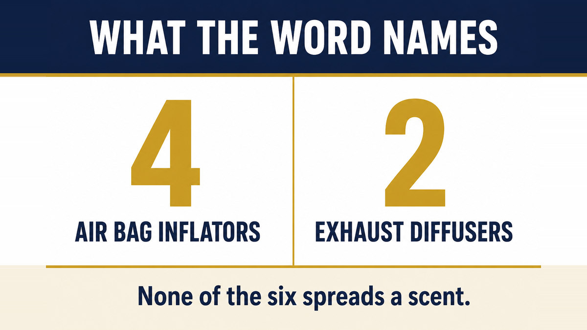 A two column infographic titled What the Word Names showing four air bag inflators and two exhaust diffusers across six campaigns