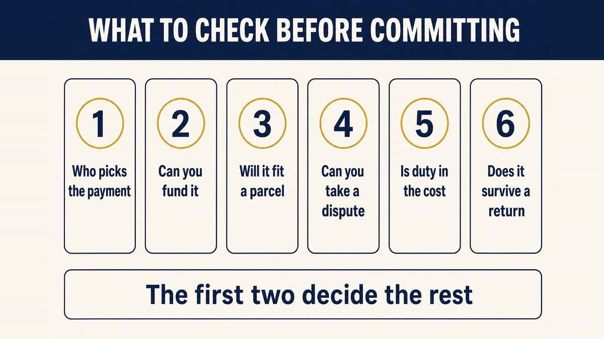 Six checks in order: whether you control the payment method, whether you can fund it, whether it fits a parcel, whether you can absorb a dispute, whether duty is in the cost, and whether the margin survives a return