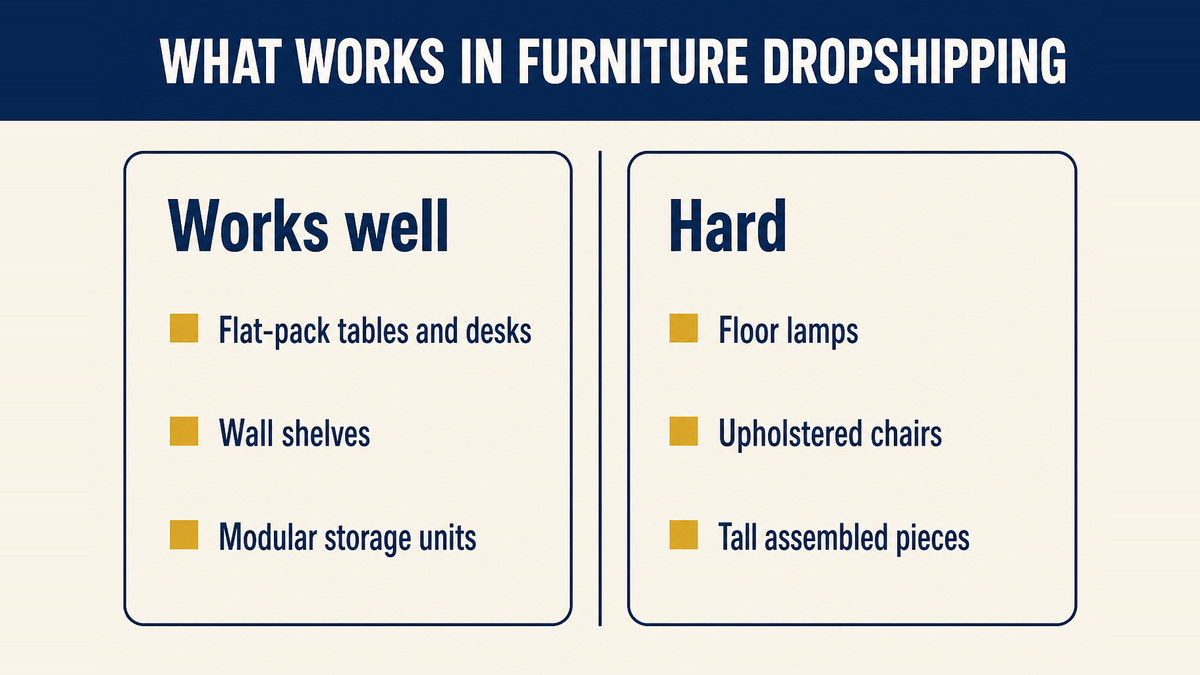 Furniture types ranked by how well they survive as freight: flat-pack tables and modular units work, tall lamps and upholstered pieces do not