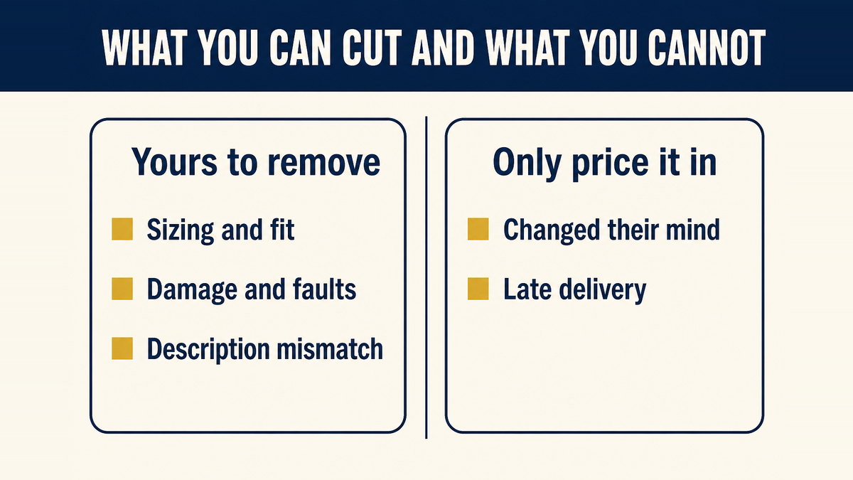 Return causes divided into those a store can remove, such as sizing and faults, and those it can only price in, such as a change of mind