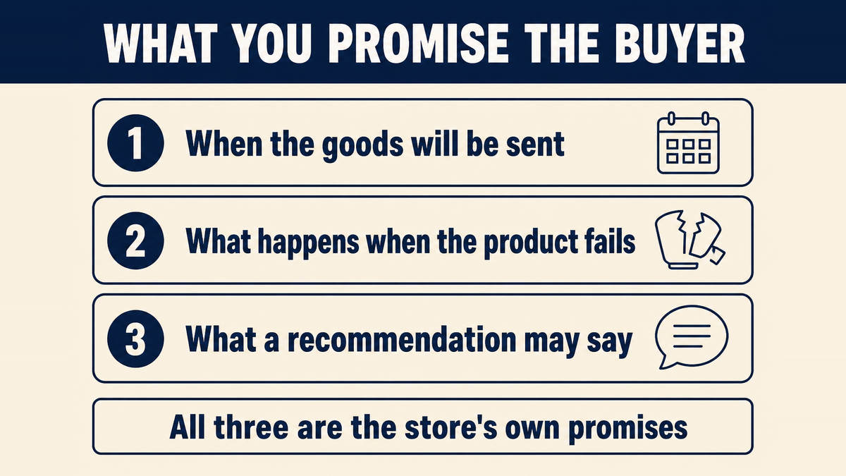 The three promises a store makes on its own account: when the goods will be sent, what happens when the product fails, and what a recommendation is allowed to say