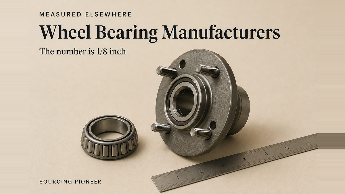 A plain unbranded wheel hub assembly with a bearing flange and wheel studs, beside a tapered roller bearing and a plain steel rule, on a warm beige studio surface