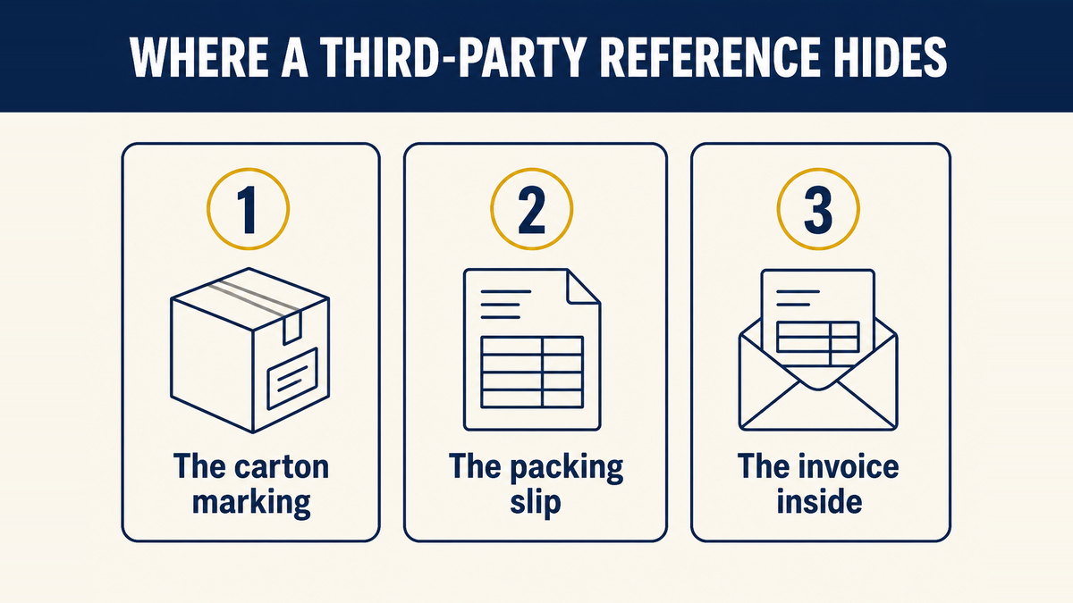 Three places a third-party reference hides: the carton marking, the packing slip, and the invoice inside the box