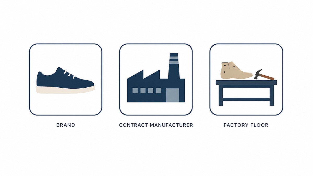 Flat vector infographic showing three linked boxes in one row, with a plain label under each reading Brand, Contract manufacturer and Factory floor