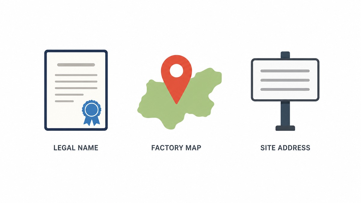 Flat vector infographic showing three check steps in one row, with a plain label under each reading Legal name, Factory map and Site address