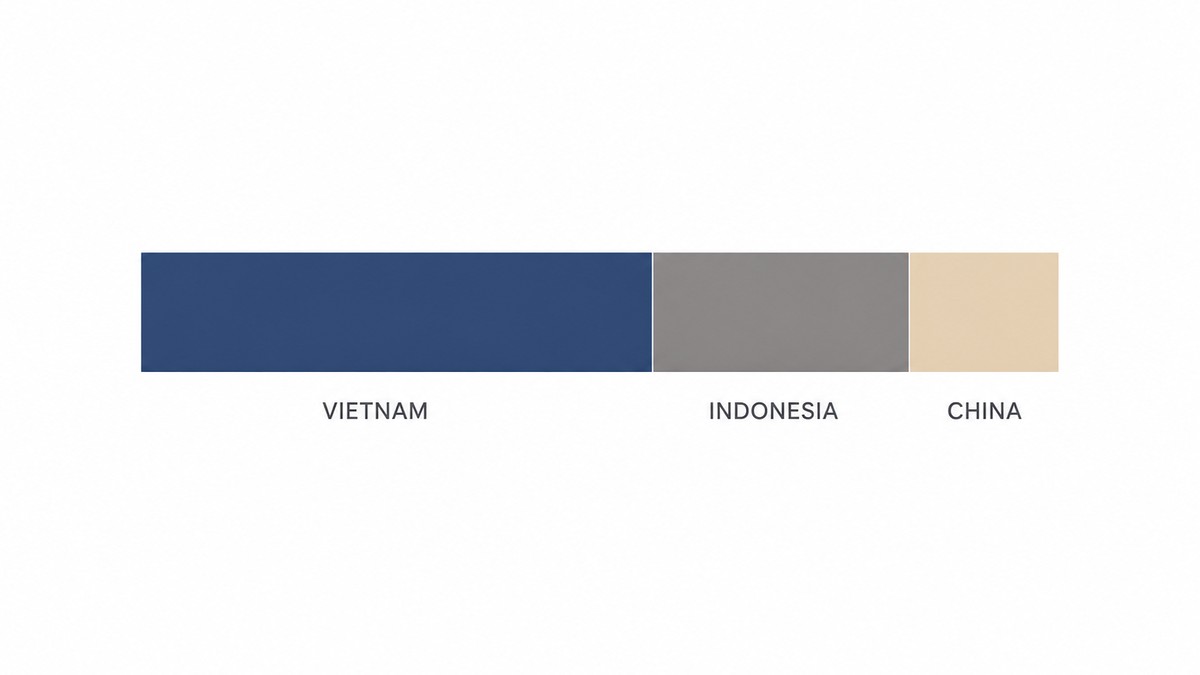 Flat vector infographic showing three labelled blocks sized in proportion, with a plain label under each reading Vietnam, Indonesia and China
