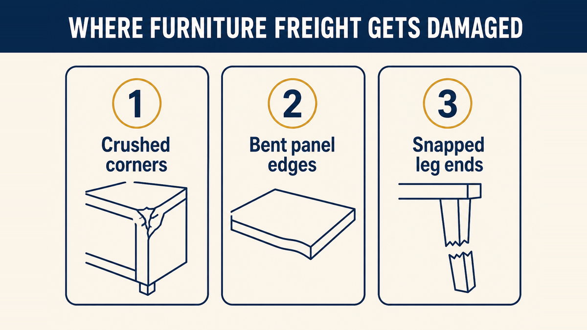 The three places furniture freight most often gets damaged: crushed corners, bent panels and snapped legs