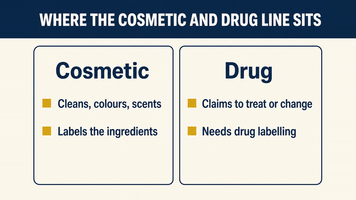 The line between a cosmetic claim and a drug claim, with sunscreen and treatment wording on the drug side