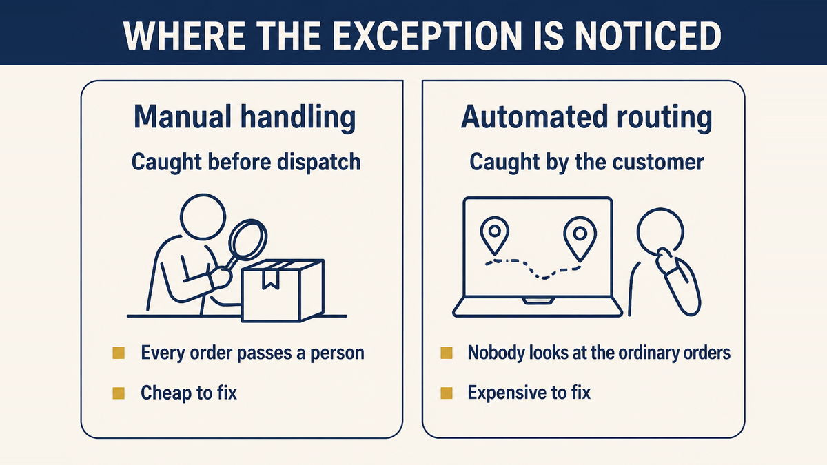 Manual processing catching a problem before dispatch beside automation letting the same problem reach the customer