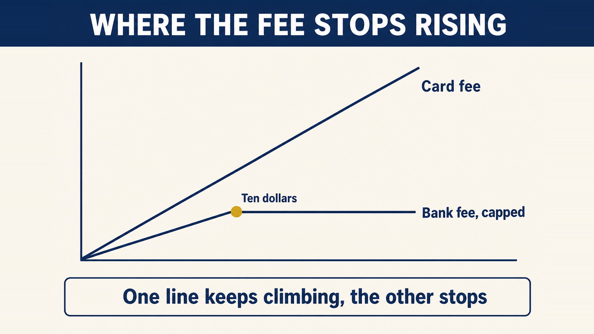 Two cost lines plotted against order value: the card fee rising in a straight line and the capped bank fee flattening out at ten dollars
