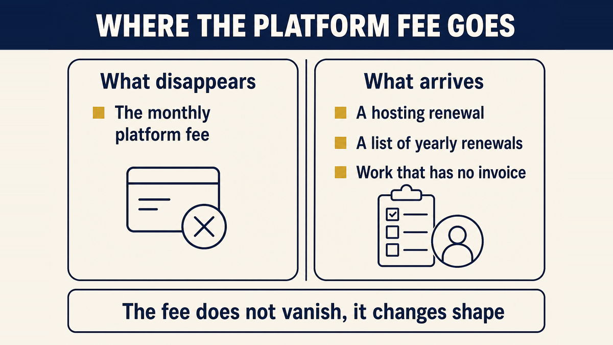 One platform fee disappearing while a hosting renewal, a set of extension renewals and an obligation you now hold appear in its place