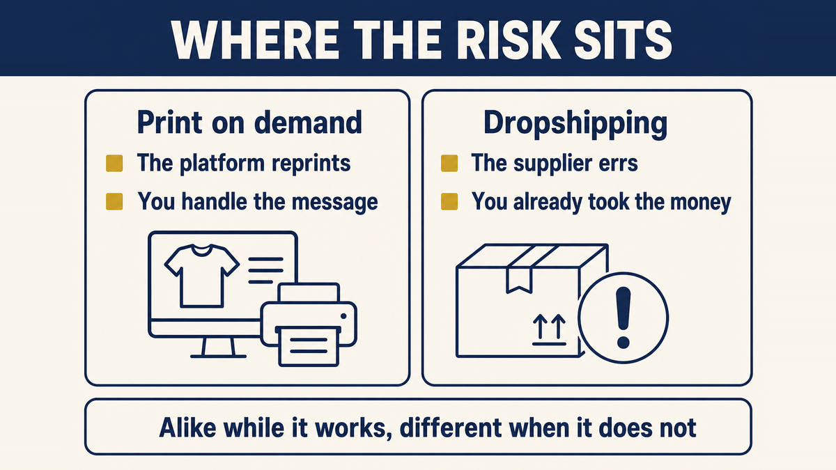 Two columns compared: in print on demand the platform handles the printing and reprints, while in dropshipping a supplier failure lands on the seller who already collected the money