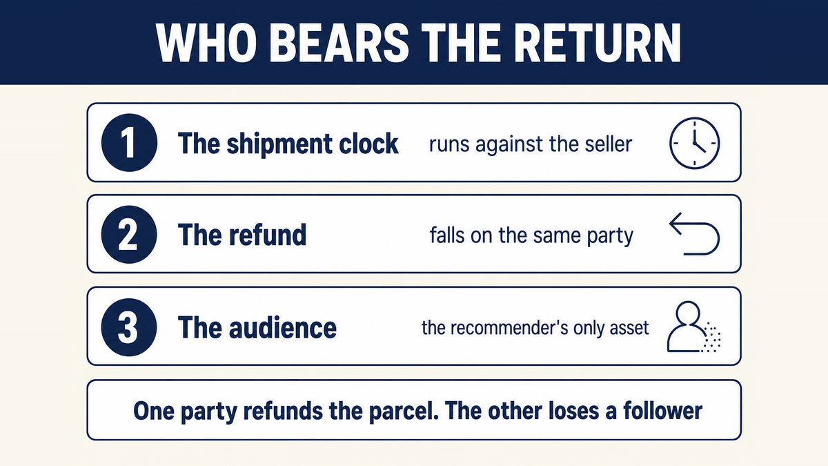 The return obligation split between the two roles: the seller carrying the shipment clock and the refund while the endorser carries only the loss of the audience