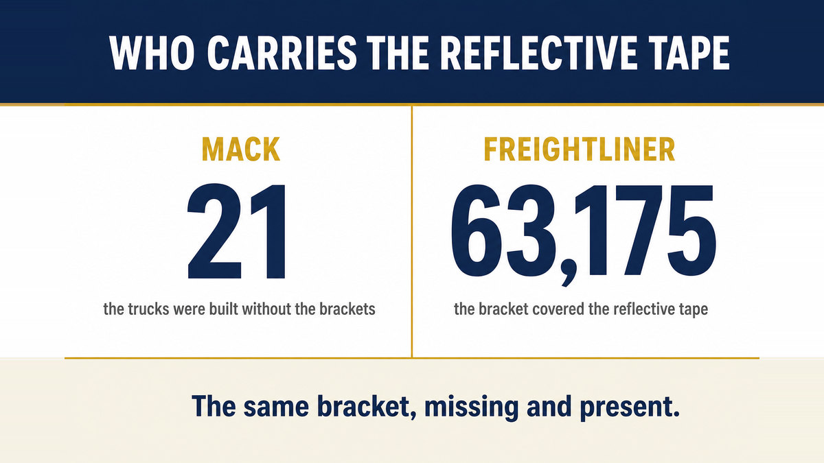 A two column infographic titled Who Carries the Reflective Tape showing a Mack campaign of 21 vehicles recalled because the brackets were missing and a Freightliner campaign of 63175 units recalled because the bracket covered the tape