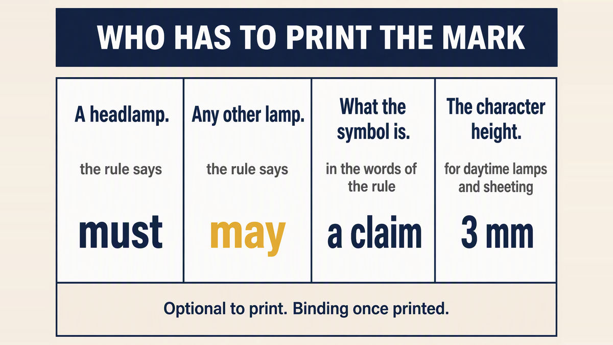 A four column infographic titled Who Has To Print the Mark showing that a headlamp must be marked, any other lamp may be marked, the symbol constitutes a certification, and the character height is 3 millimetres for daytime running lamps and conspicuity sheeting