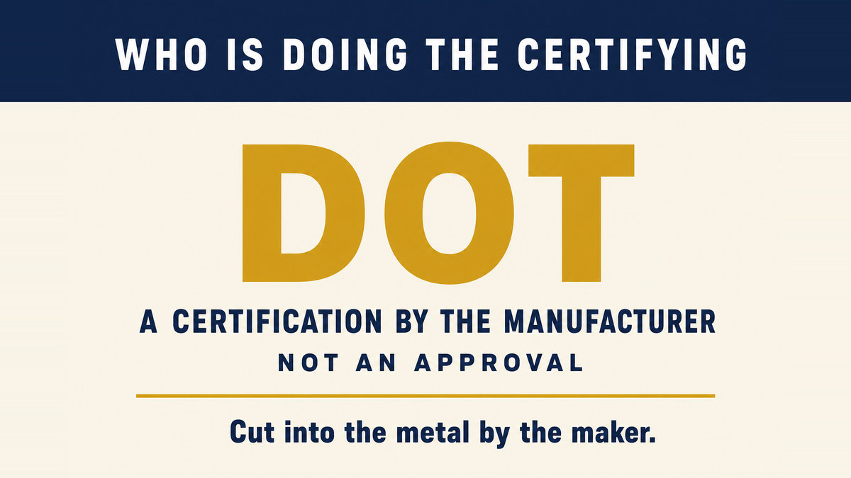 An infographic titled Who Is Doing the Certifying showing the letters DOT above the words a certification by the manufacturer and not an approval