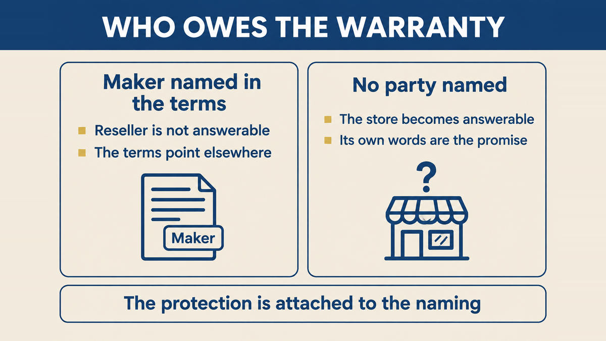 Two stores compared: one resells with the maker named as the party giving the warranty, while the other publishes warranty wording without naming anyone and becomes the party answerable
