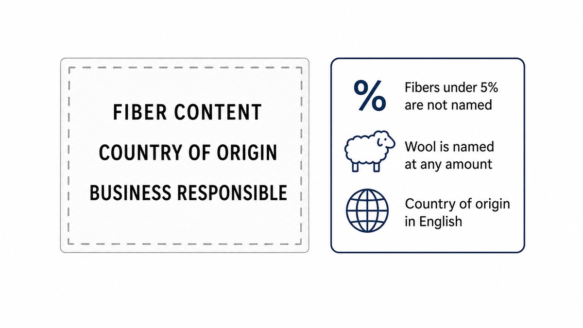 Flat vector infographic showing the three required label items of fiber content, country of origin and responsible firm, alongside a panel listing the five per cent rule and the wool exception