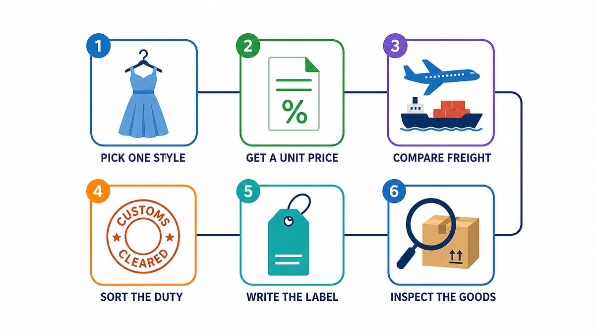 Flat vector infographic showing a six-step test order path from choosing one style through quoting, choosing freight, sorting the duty, writing the label and inspecting the goods