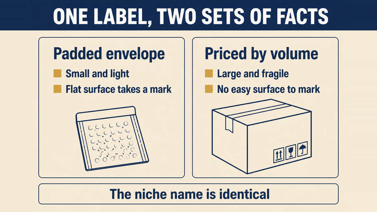 Two items inside the same niche label compared: one is small, light and takes a printed mark easily, while the other is large and fragile with no easy surface to mark