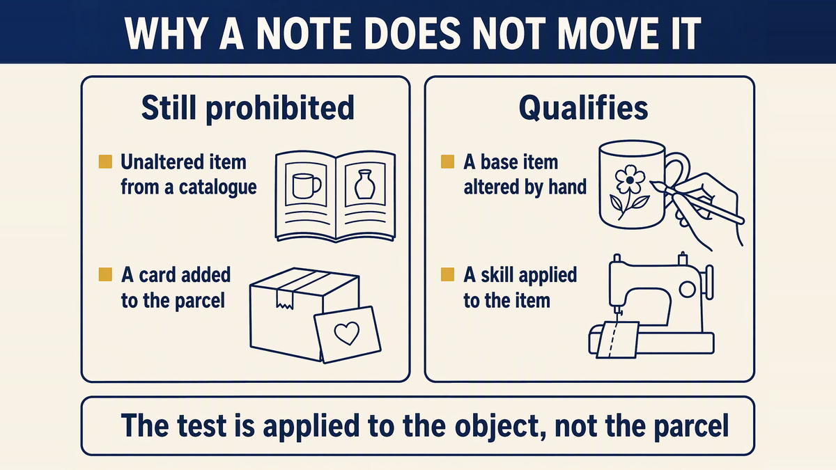Two items compared: an unaltered commercial product with a note added, which stays prohibited, and a base item altered with a handcrafting skill, which qualifies
