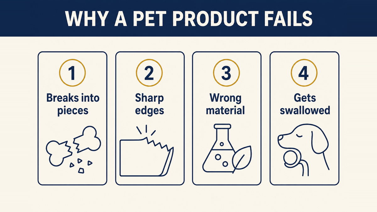 The ways a pet product fails in use: it breaks into small pieces, it has sharp edges, it is made from unsuitable materials, or it is swallowed