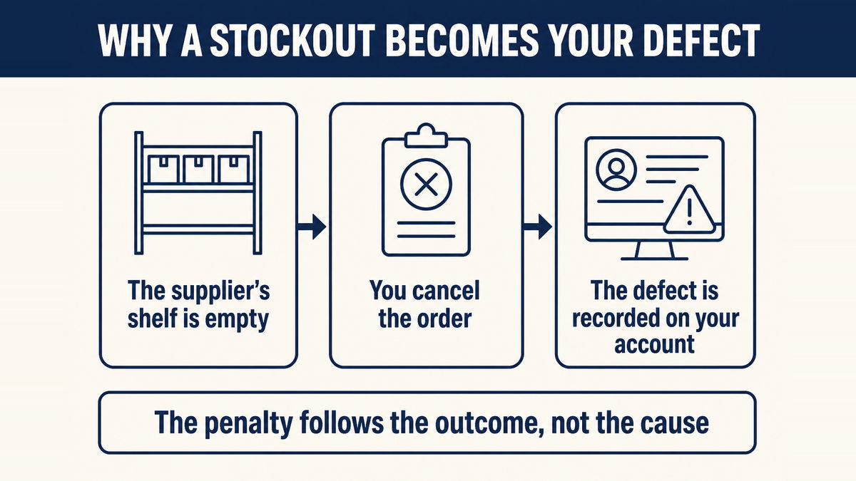A cancellation caused by an empty supplier shelf being recorded as a defect on the seller account