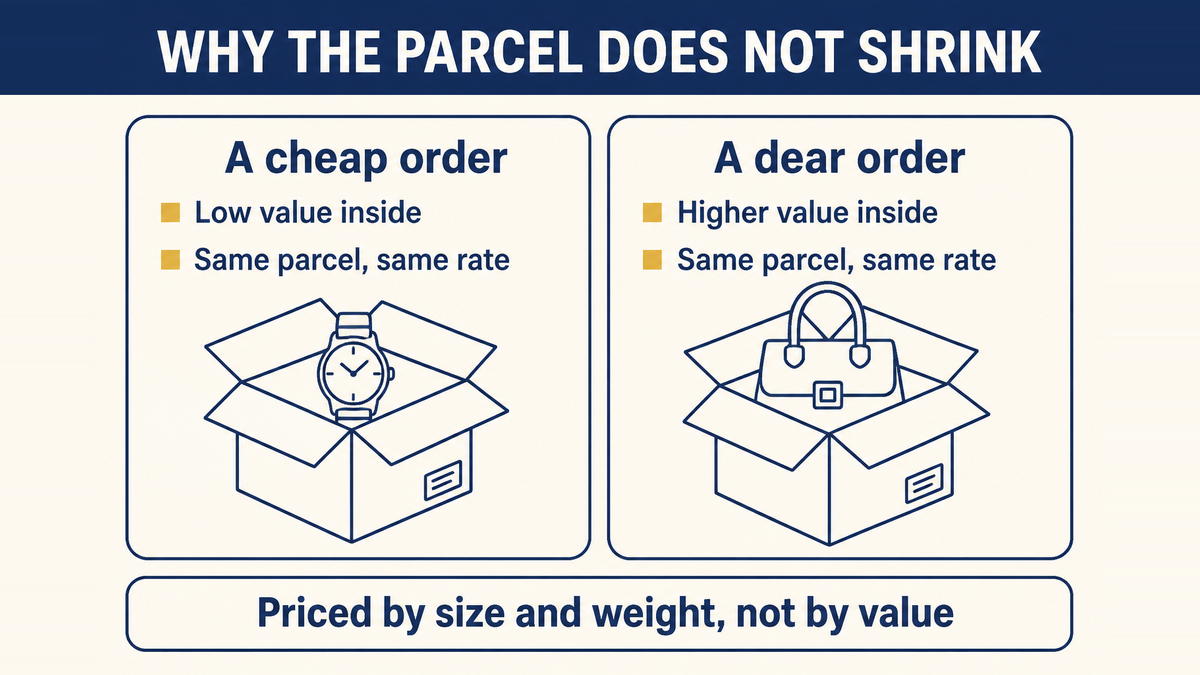 Two parcels of similar size holding contents of very different value, both billed at the same shipping rate