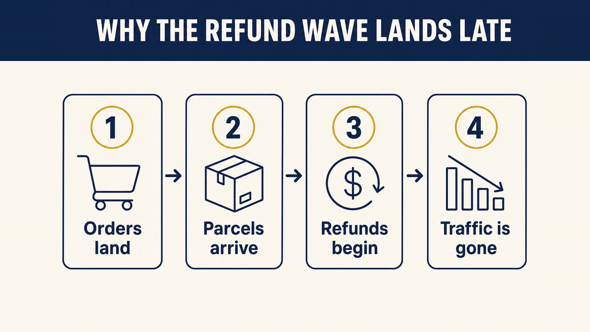 A timeline showing orders landing in week one, parcels arriving in weeks two and three, and refunds arriving after the traffic has gone