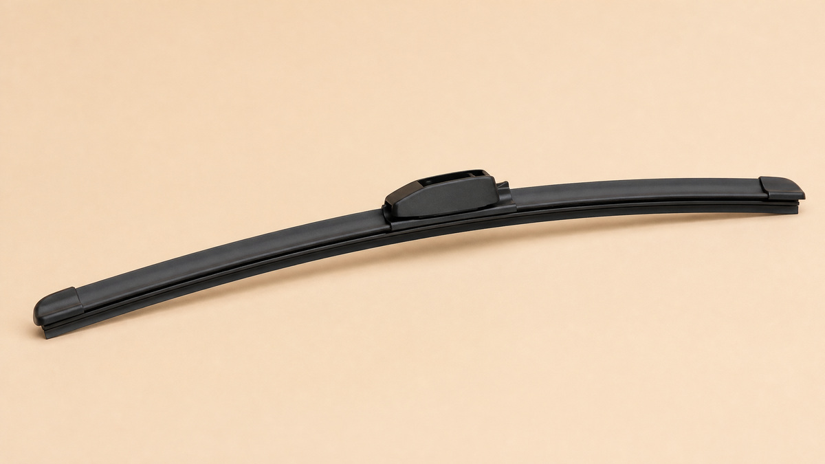 Flat-beam windshield wiper blade with a plain black end cap on a beige studio surface