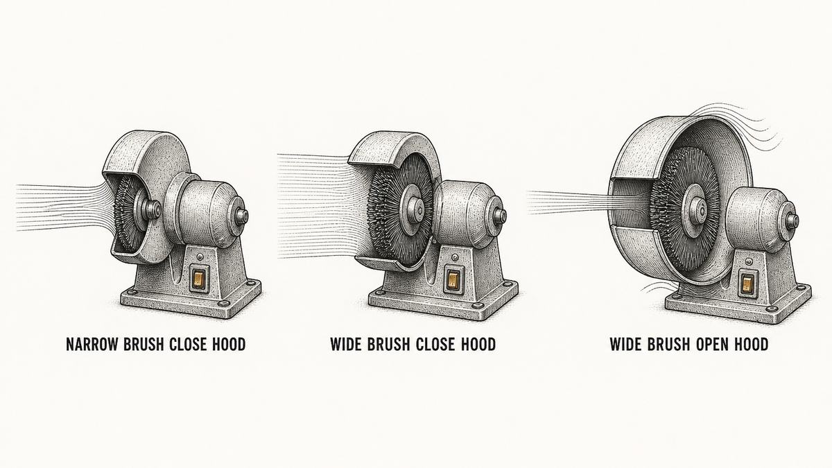Three bench machines drawn in a row, each with a curved metal hood over a wire wheel brush and the airflow drawn as a broad band of fine parallel lines entering the hood mouth: a narrow brush in a closely fitting hood with a correspondingly narrow band, a wide brush in a closely fitting hood with a much broader band, and the same wide brush under a deliberately oversized hood opening with a thin band whose lines curl back out around the edges of the opening