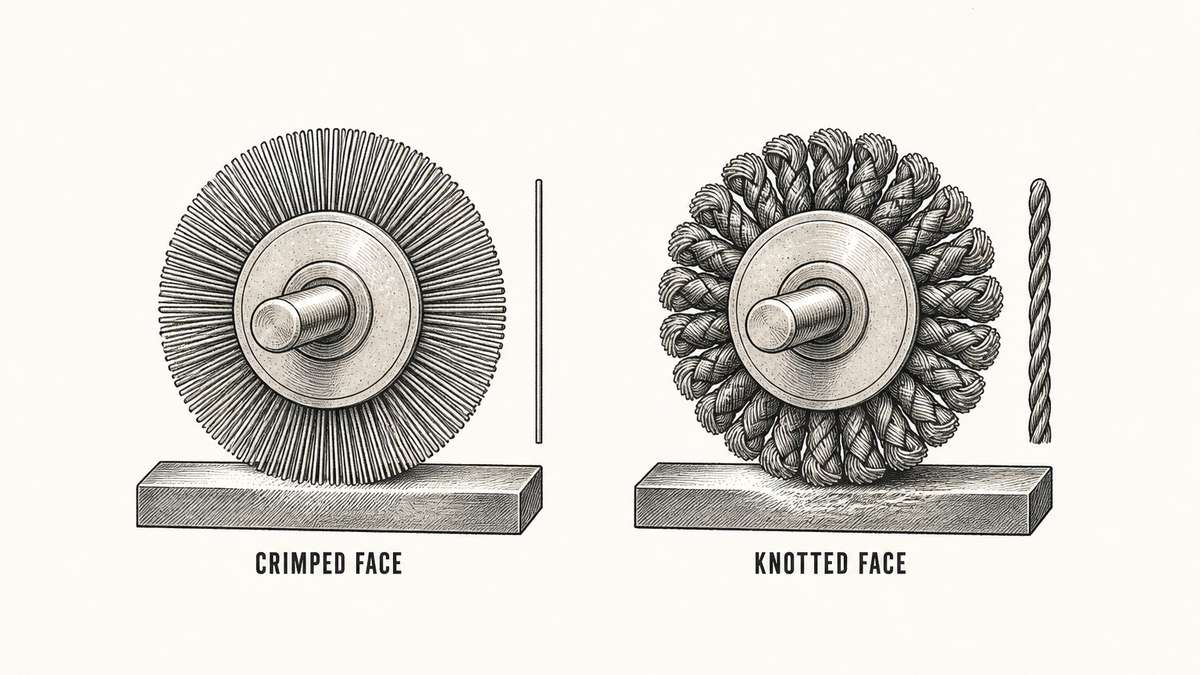 Two circular wire wheel brushes drawn face-on in section side by side, each on a spindle: the left one with its wire drawn as fine evenly spaced straight radial lines beside a single clean unbroken wire end, and the right one with its wire drawn as coarse thick lines visibly twisted together into dense knots beside a tightly braided wire end