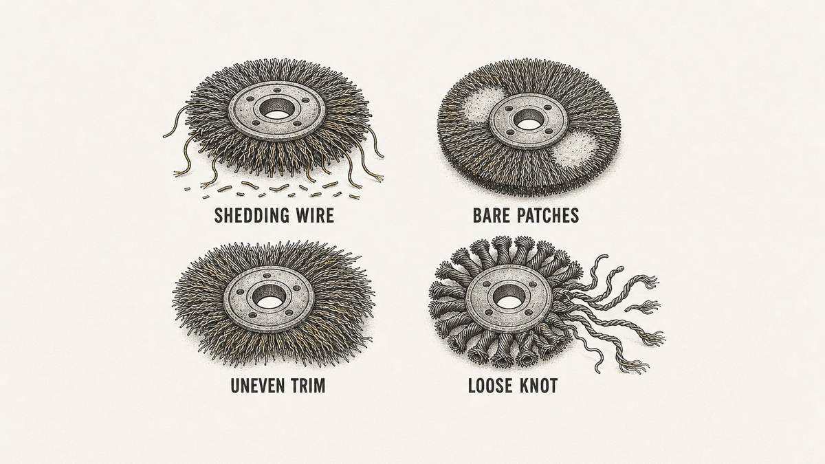 Four failed wire wheel brushes drawn in a two by two arrangement: one with individual wires drawn detached and hanging loose away from the face plus a scatter of short wire fragments falling below, one with two clearly empty bare patches showing the core plate through the wire face, one drawn visibly out of round with tufts of noticeably different lengths around the circumference, and one whose knotted outer wire has opened out and is unravelling away from the core
